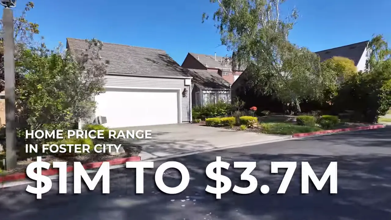 Single‑family home in Foster City with overlaid text showing home price range: $1M to $3.7M.