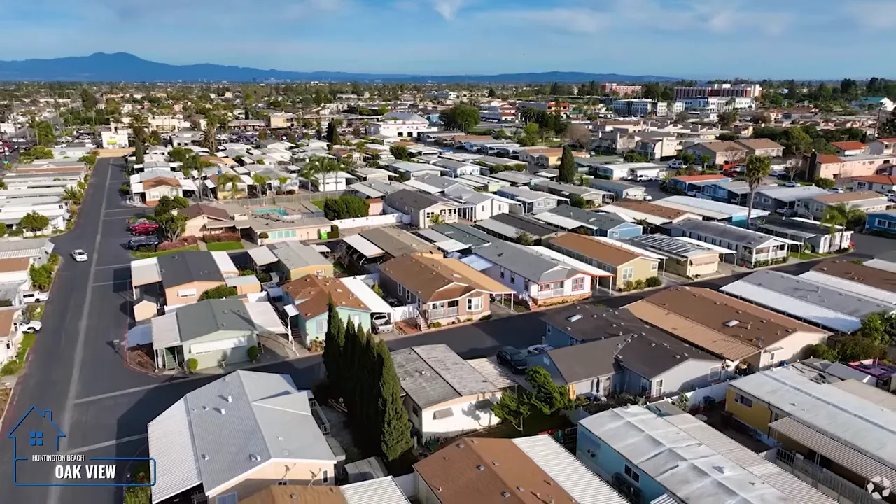 Aerial view of Oak View neighborhood in Huntington Beach showing rooftops and streets