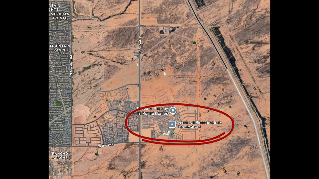 Satellite map with a red circle around the Blossom Rock area