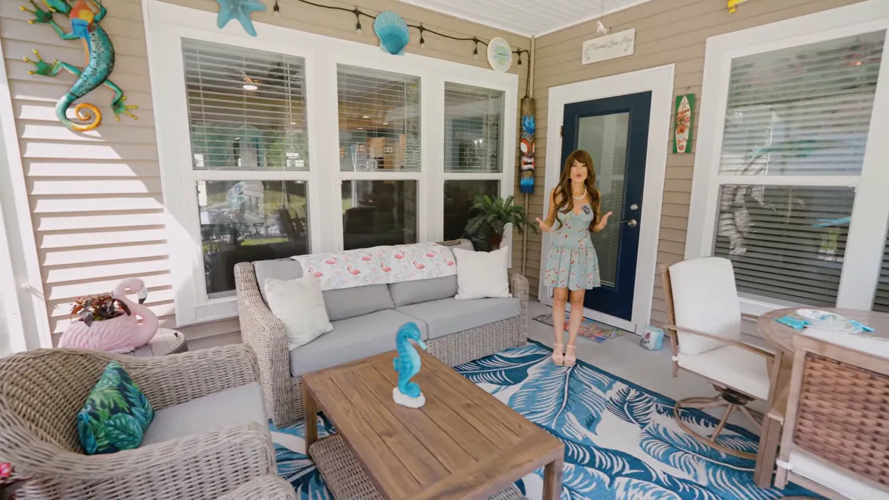 Screened porch with outdoor seating rug dining table and roll down shades
