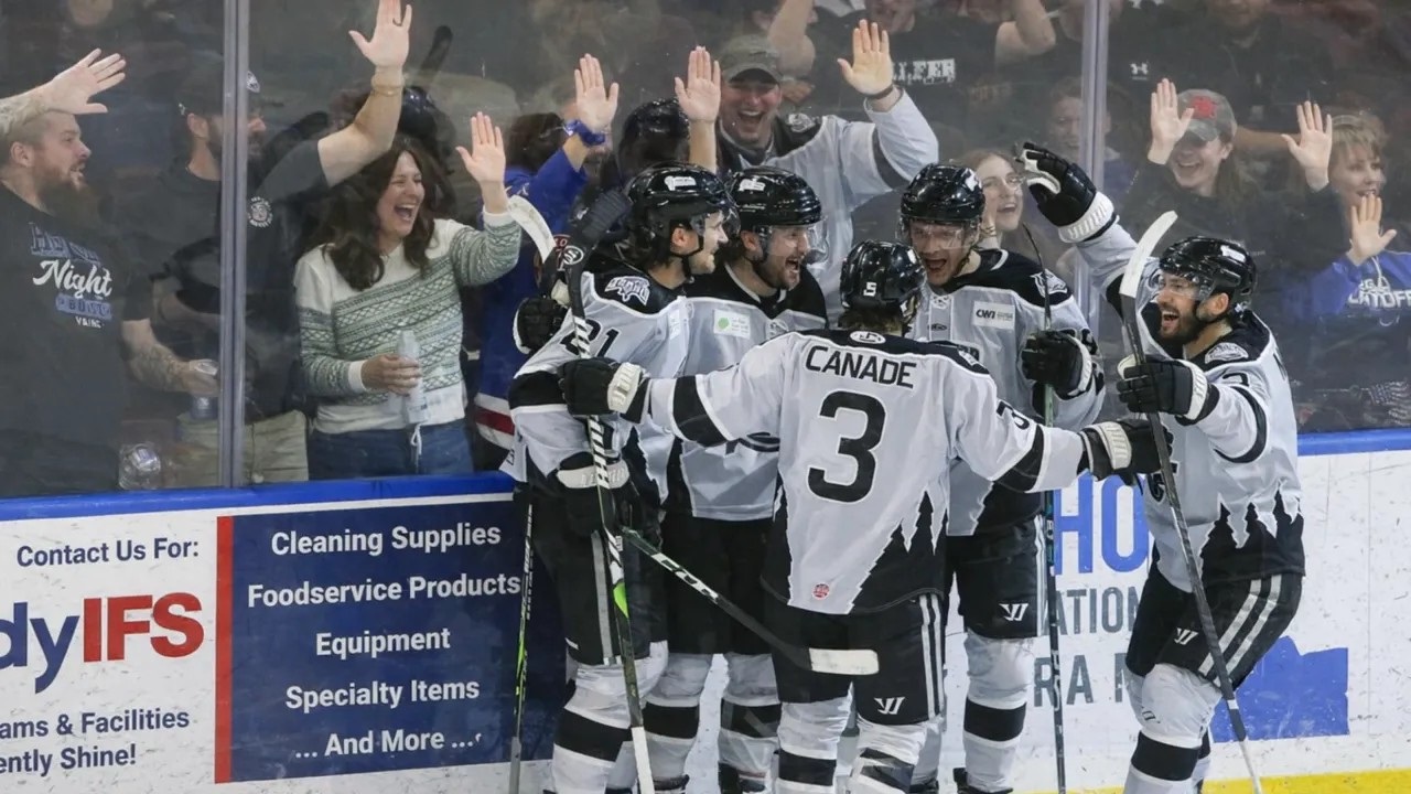 Hockey players celebrating a goal near the glass with cheering fans visible behind them