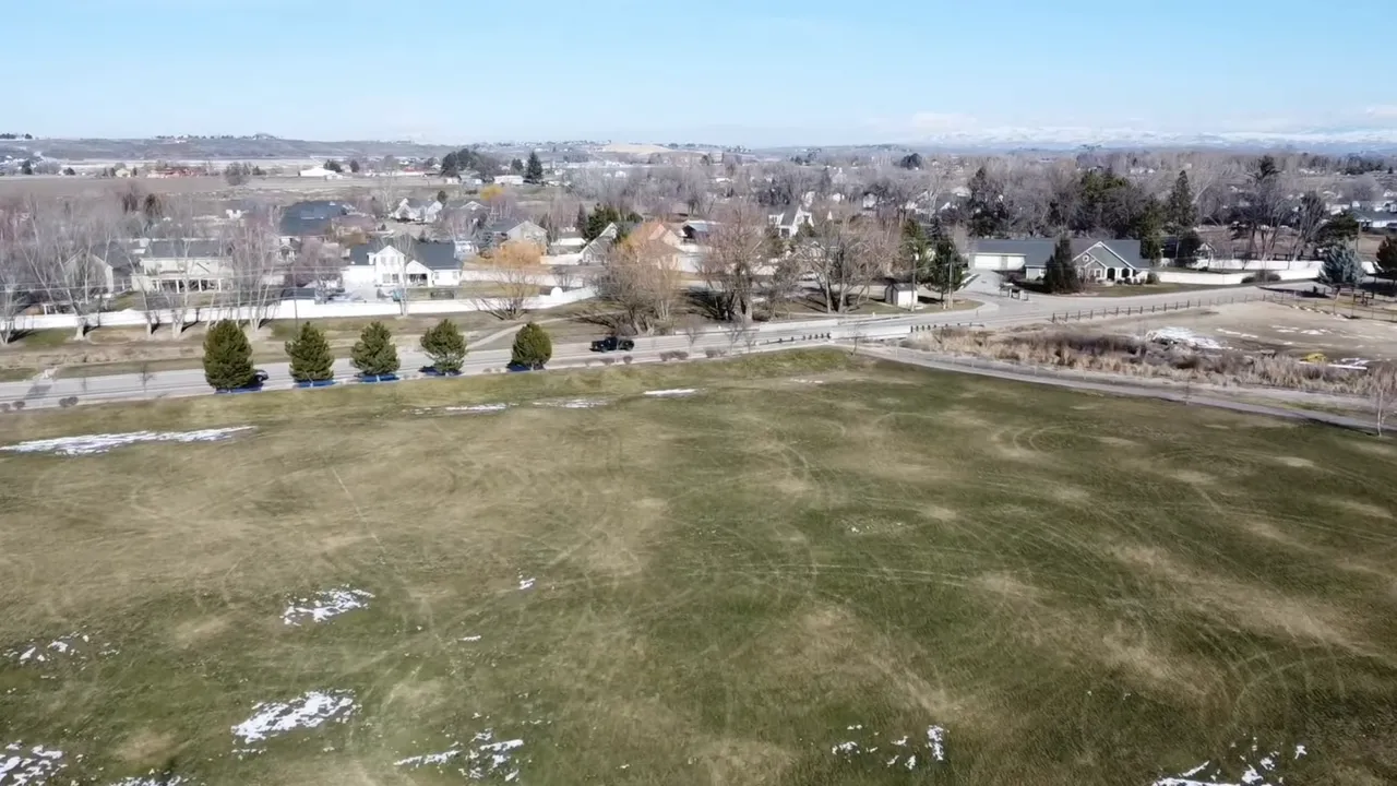 Aerial view of a residential neighborhood with large lots and houses near Eagle, Idaho