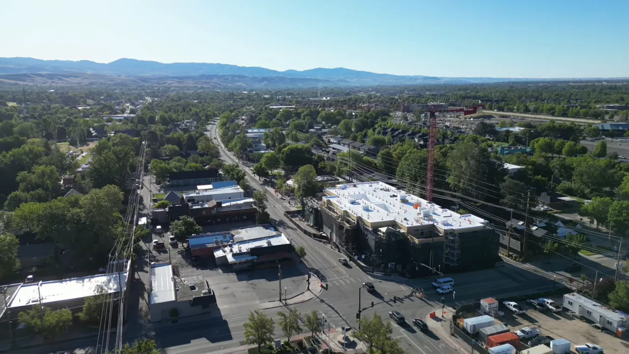 Aerial view of Meridian-area roads and neighborhood development