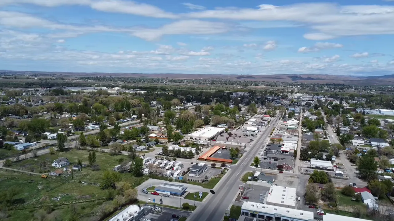Aerial view of Emmett Idaho with town streets and surrounding countryside