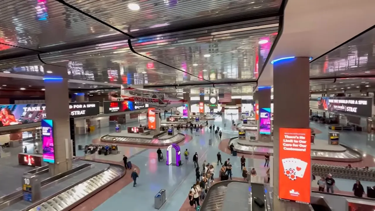 Interior of Harry Reid International Airport with concourse and travelers