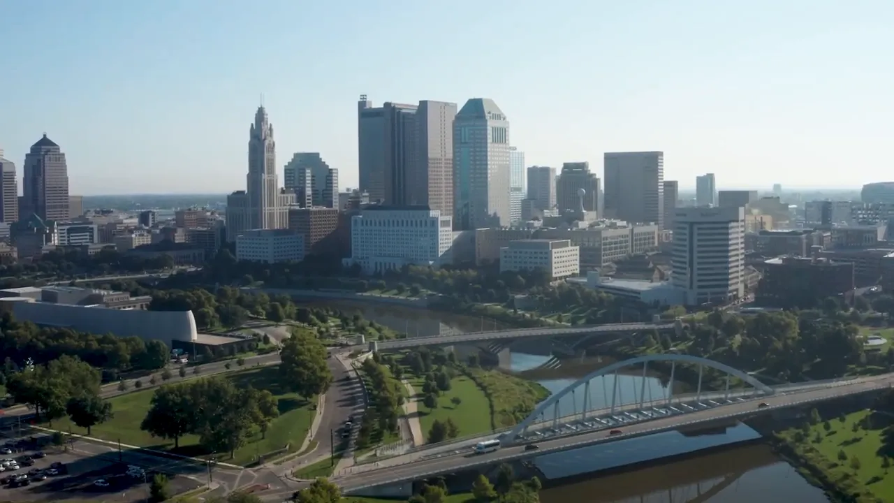 Aerial view of downtown Columbus skyline and bridges
