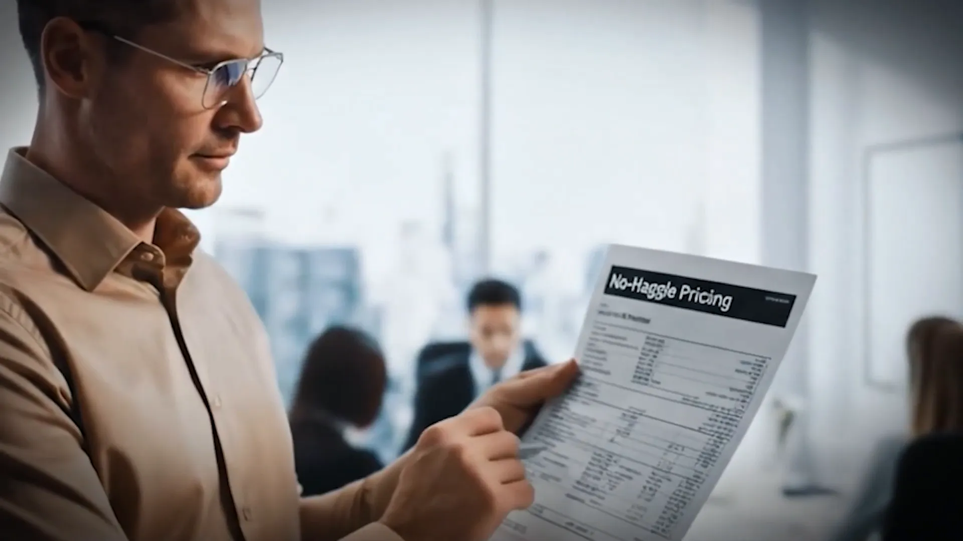 Builder's sales office with 'No haggle pricing' sign
