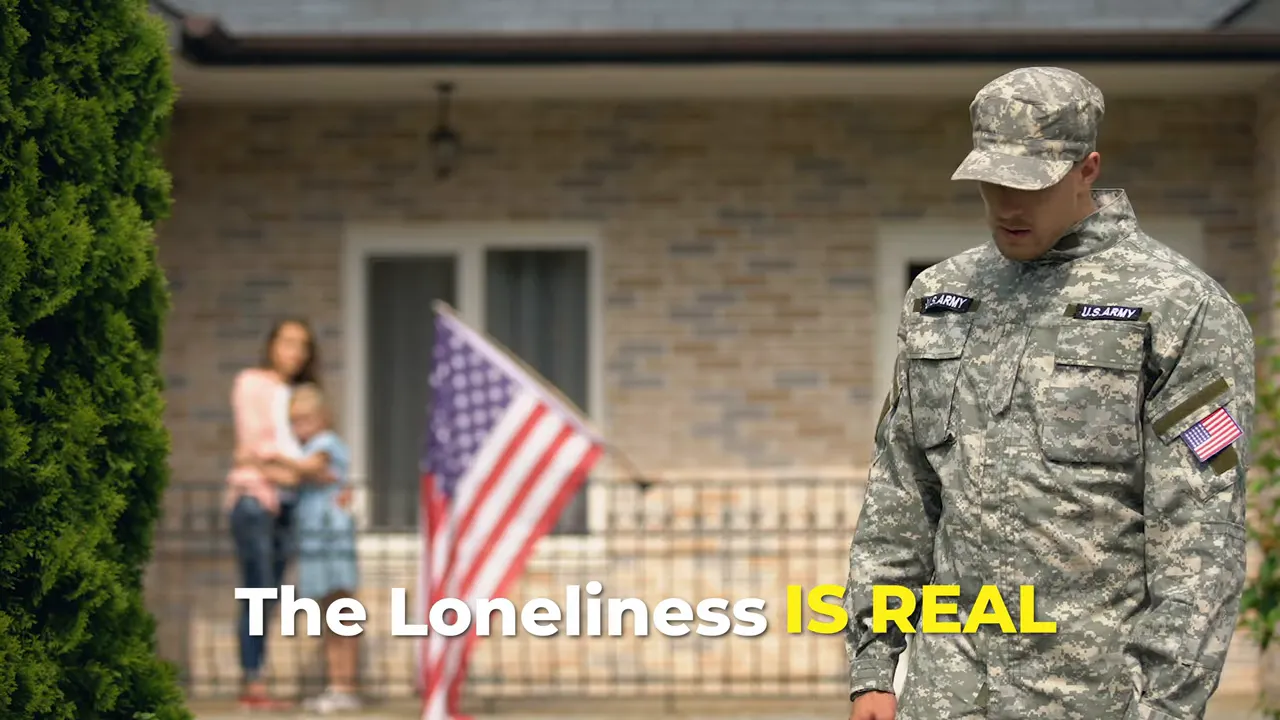 Airman in uniform walking away from a home with text saying the loneliness is real