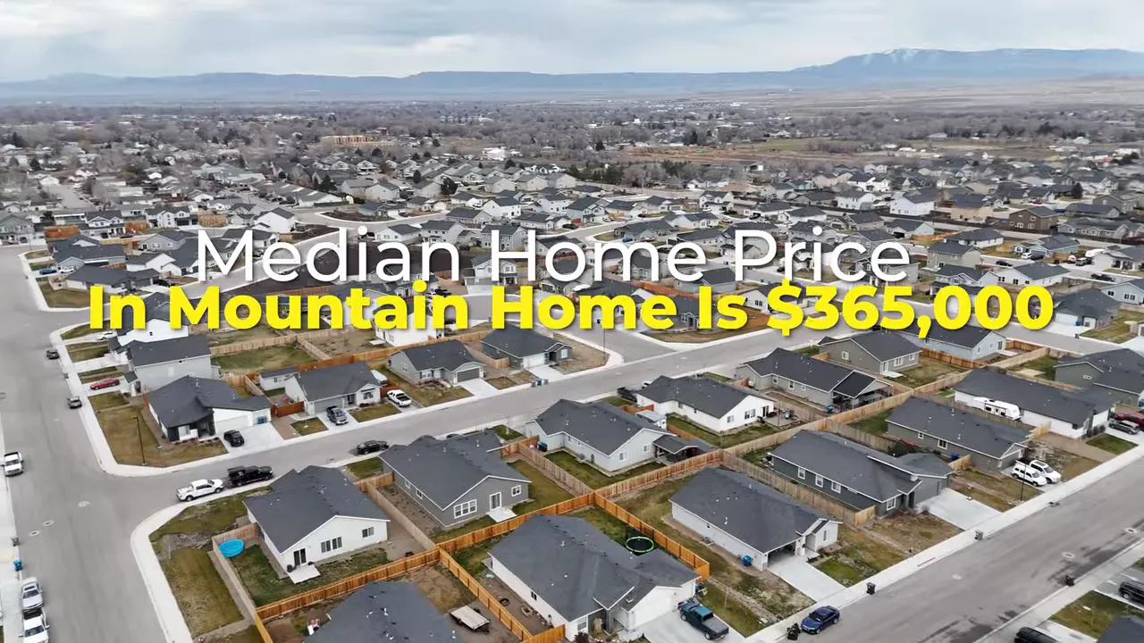 Aerial neighborhood view with text stating Mountain Home median home price is 365000 dollars