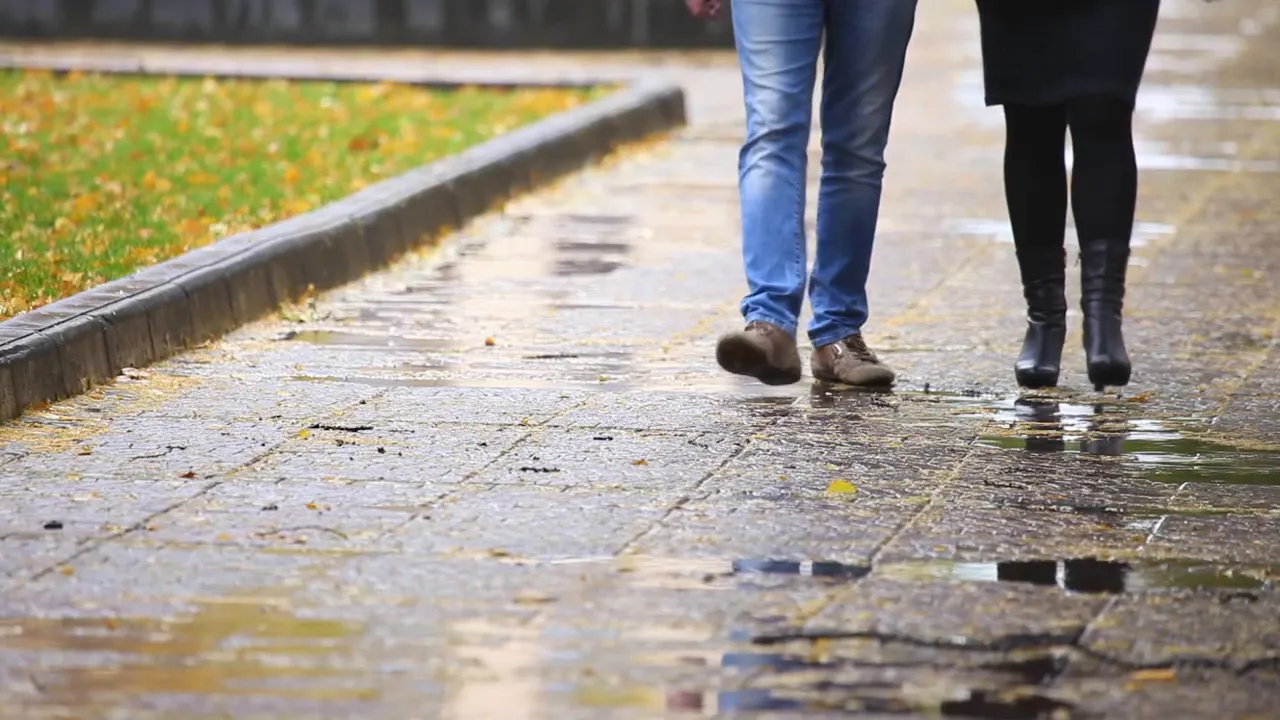 Two people walking on a wet path with puddles