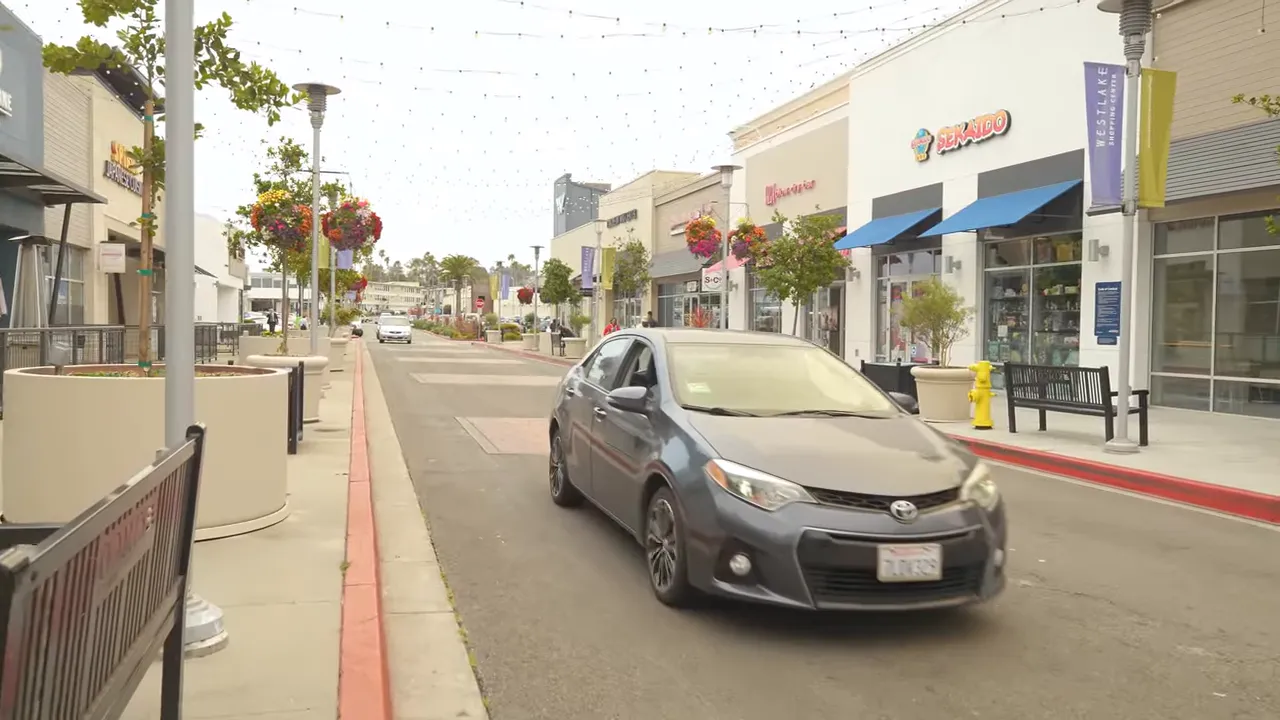 Westlake Shopping Center string lights and storefronts
