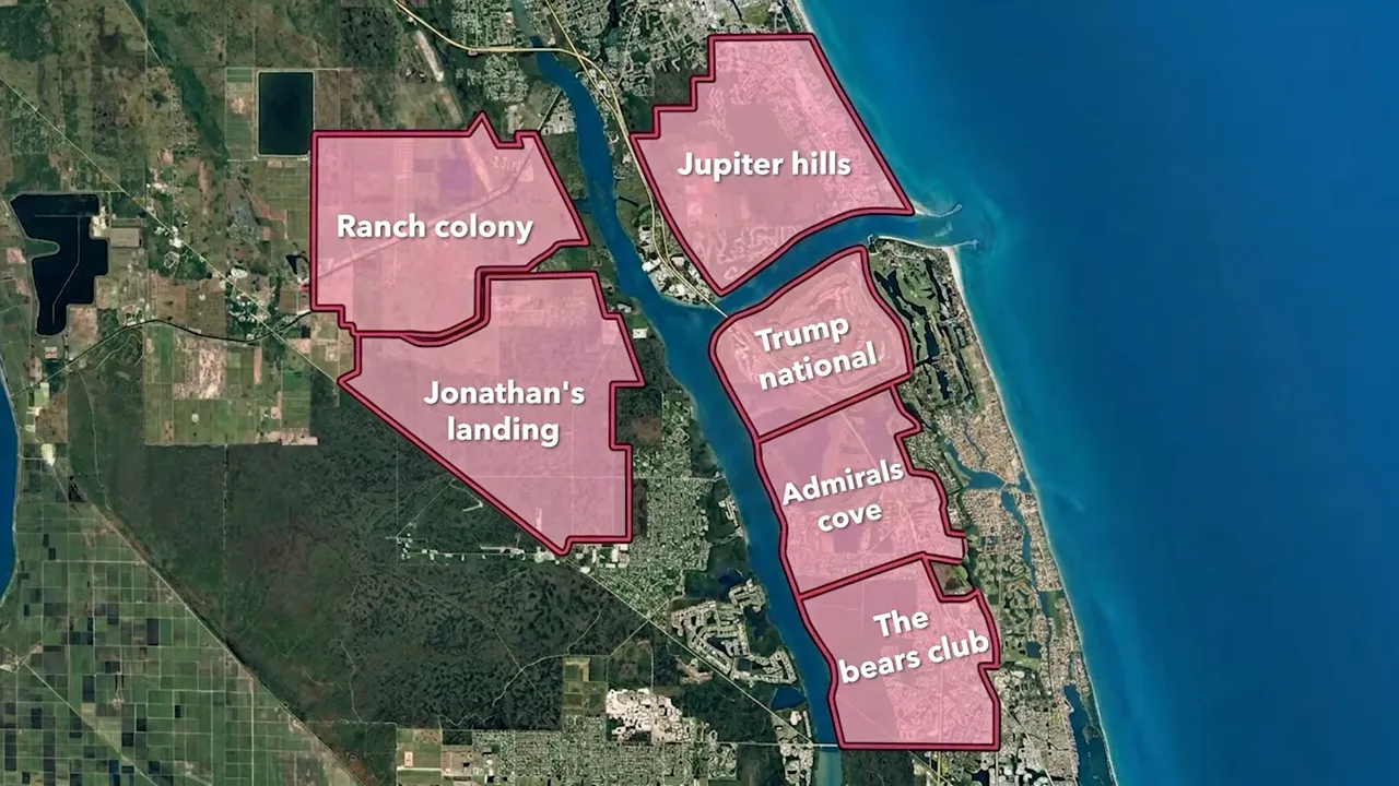 Map showing locations of Jupiter golf communities along the coast