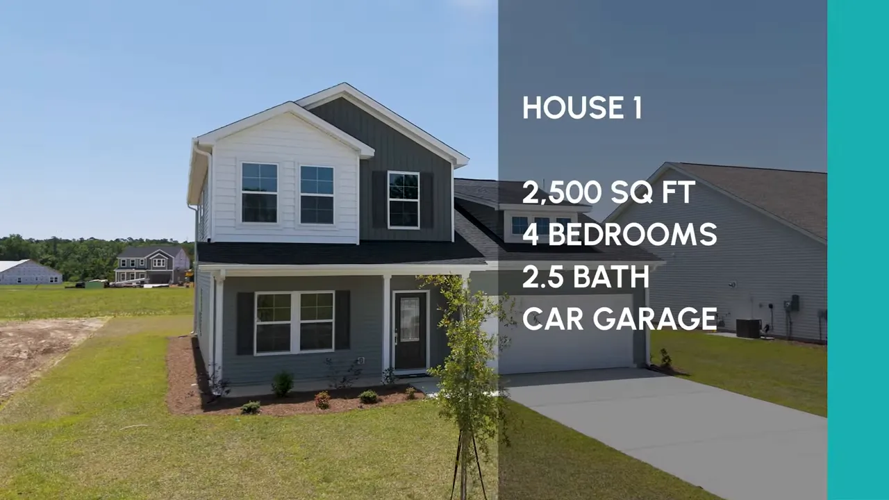Front exterior of a two story home with text listing square footage bedrooms bathrooms and garage