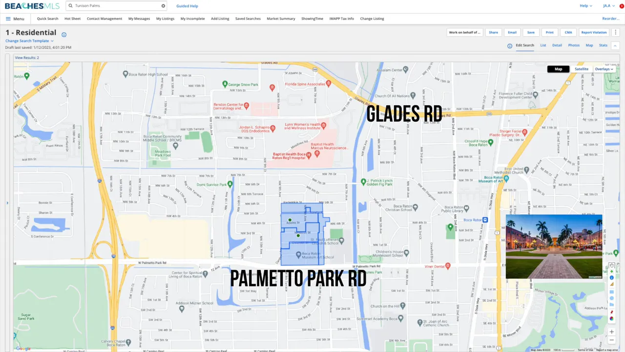 Map screenshot of Old Floresta Boca Raton area showing Palmetto Park Rd, Glades Rd, and surrounding streets