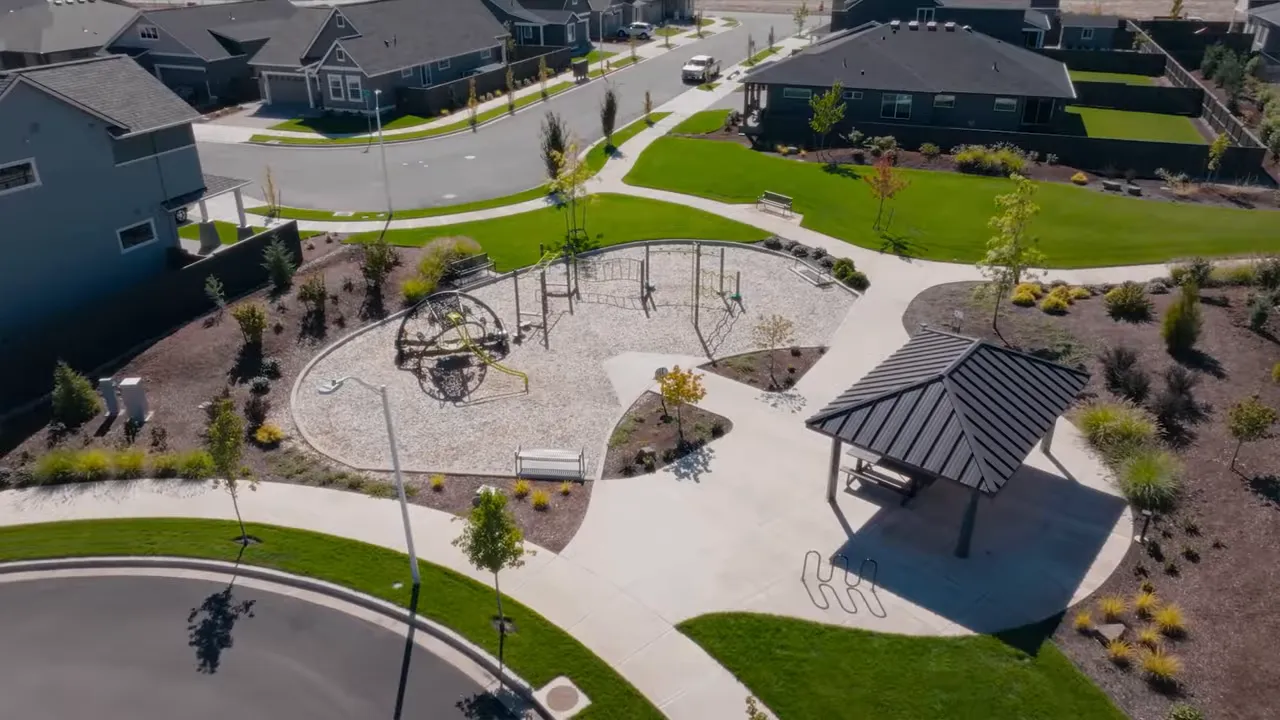 Aerial view of a neighborhood park and playground at Mark's Place at Tofte Farms in Canby, Oregon