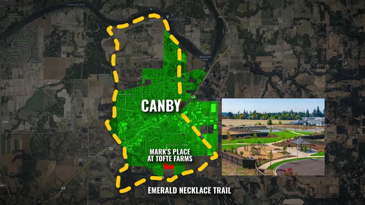 Satellite map showing Canby with Mark’s Place at Tofte Farms highlighted and inset neighborhood photo