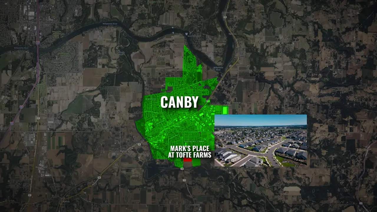 Aerial location map showing Canby and Mark’s Place at Tofte Farms with inset neighborhood view