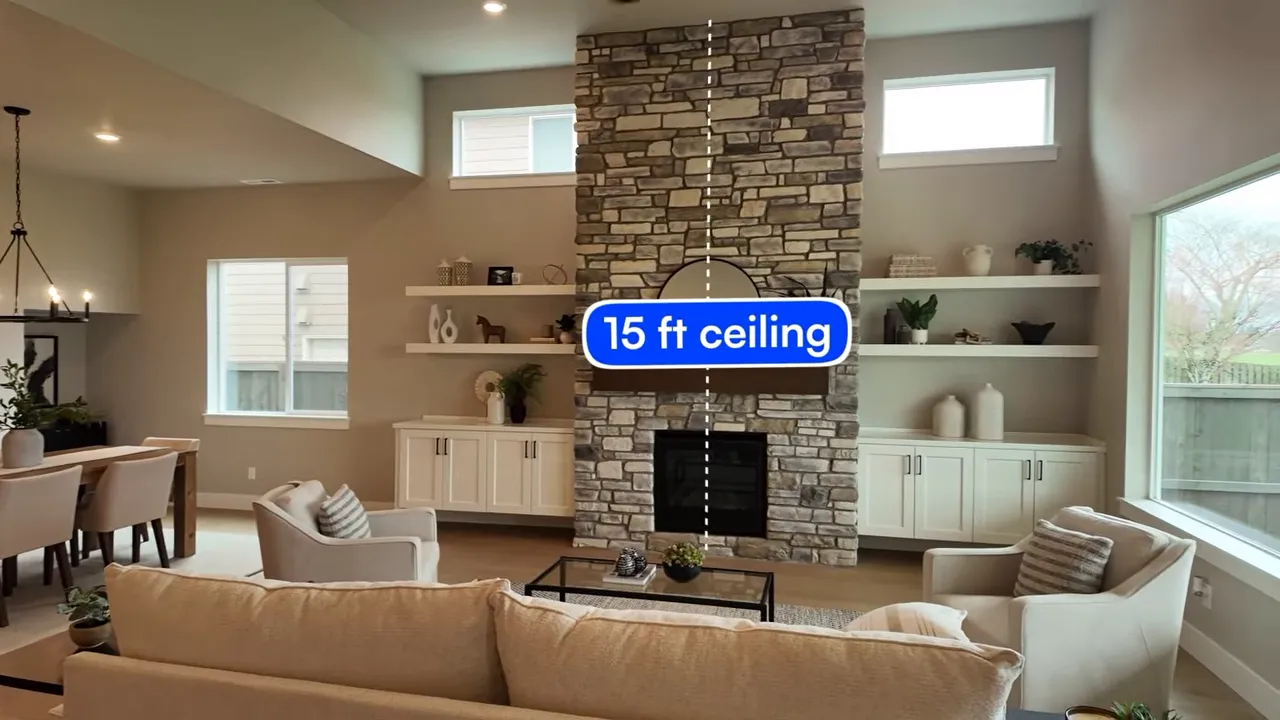 Great room with tall 15-foot ceiling in a Mark’s Place at Tofte Farms home in Canby, Oregon