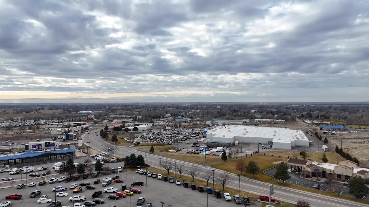 Aerial view over Mountain Home Idaho showing roads and shopping buildings