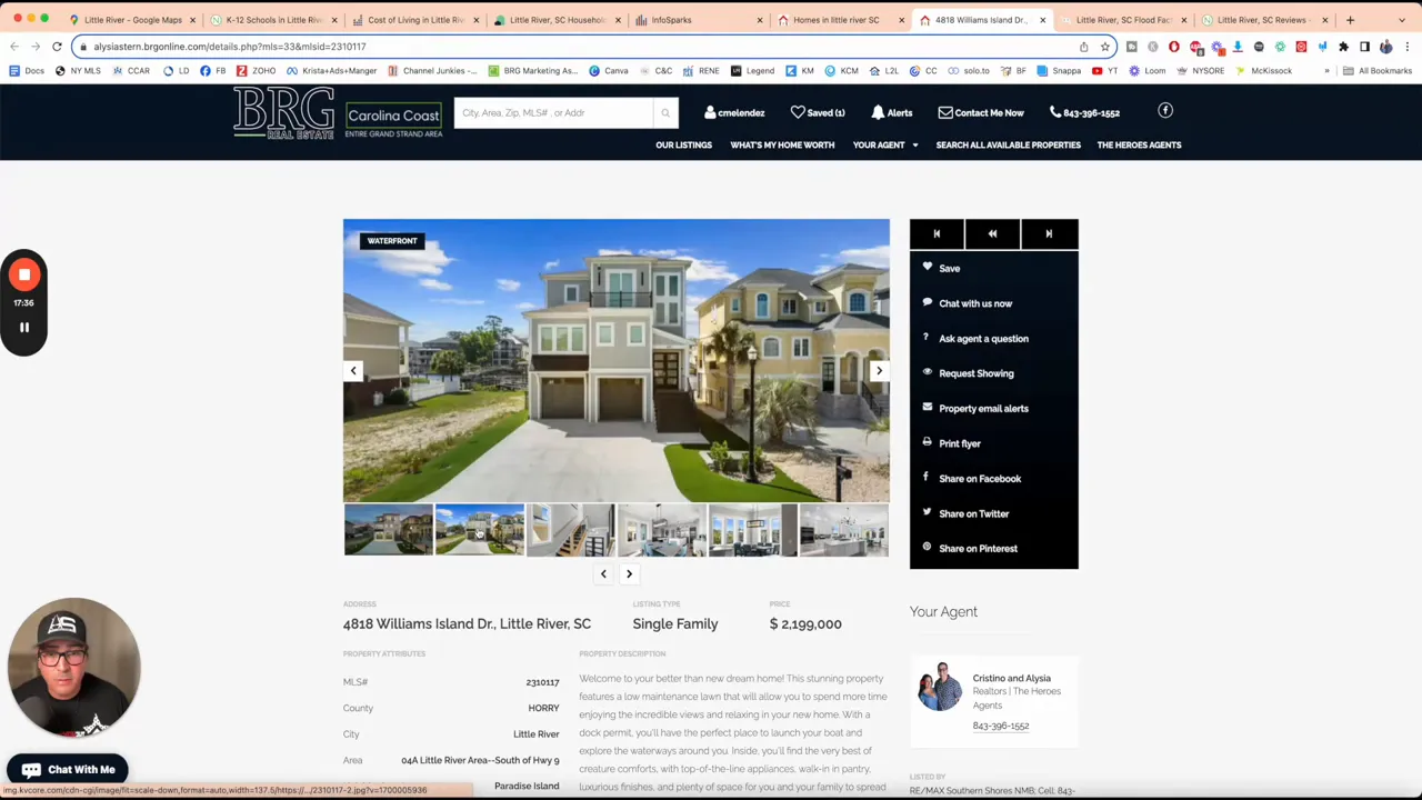 Real estate listing page for a waterfront home in Little River SC showing exterior photos and price