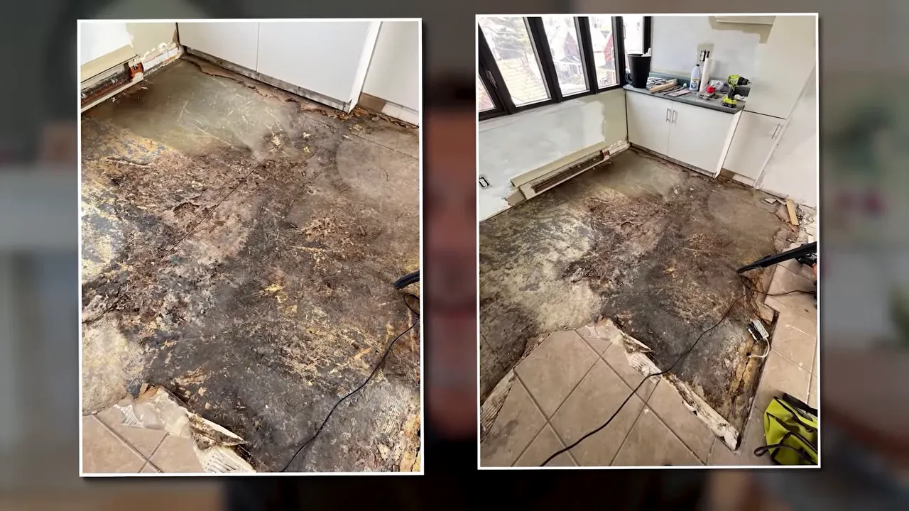 Screenshot showing damaged floor subfloor area in a flipped home with electrical wires and construction debris
