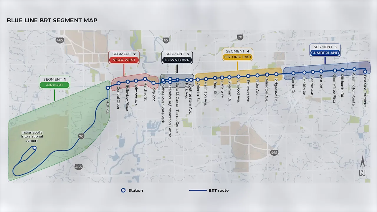 Blue Line bus rapid transit map running from the airport through downtown to Cumberland