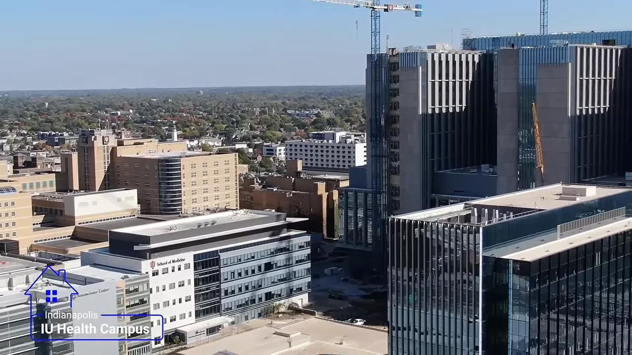 Aerial view of IU Health academic health campus construction in downtown Indianapolis