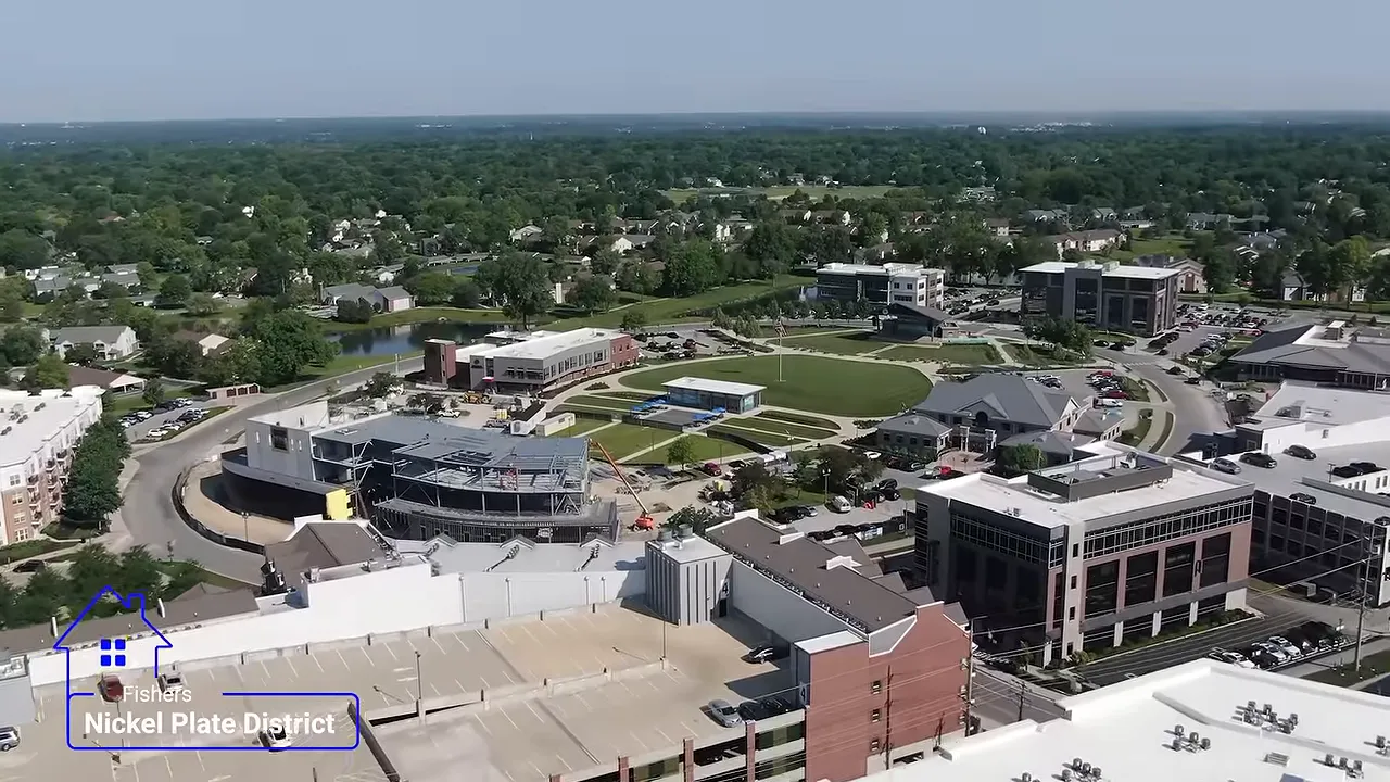 Aerial view of Fishers Nickel Plate District with streets and commercial buildings