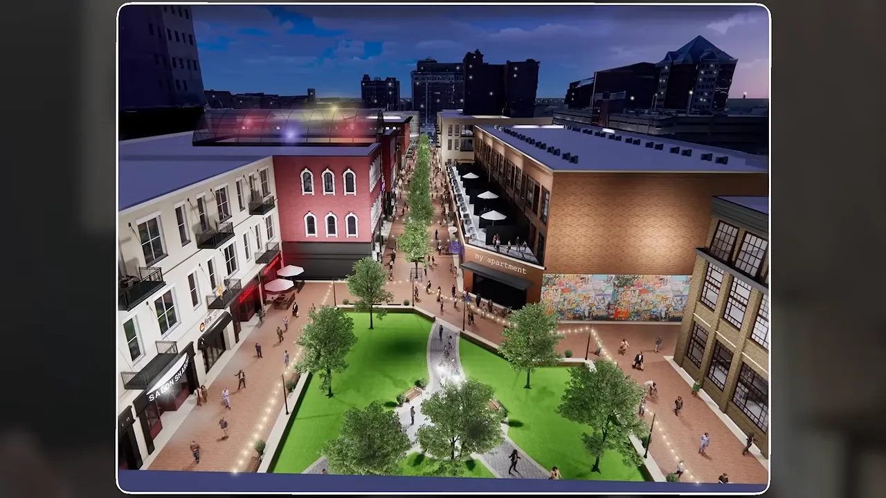 Rendering of open air mixed use plaza planned for Traction Yards downtown