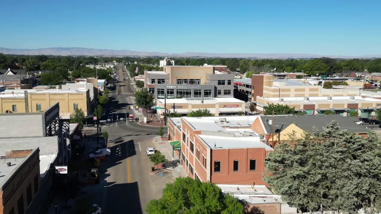 aerial view of downtown nampa streets buildings and intersections