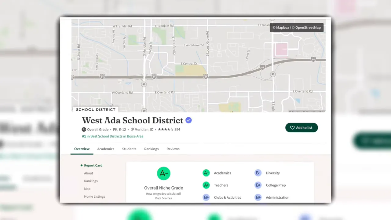 school information page for west ada school district with map and ratings