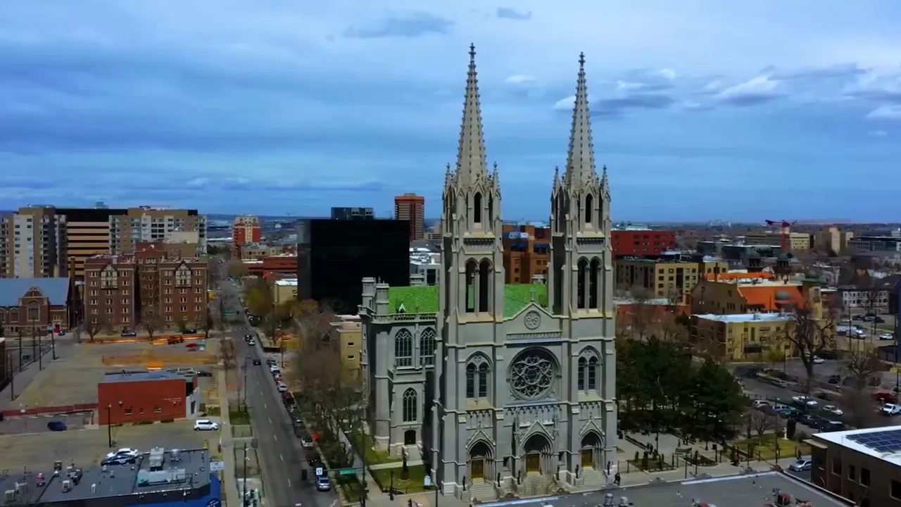 Aerial view of a church in Denver’s Capitol Hill area