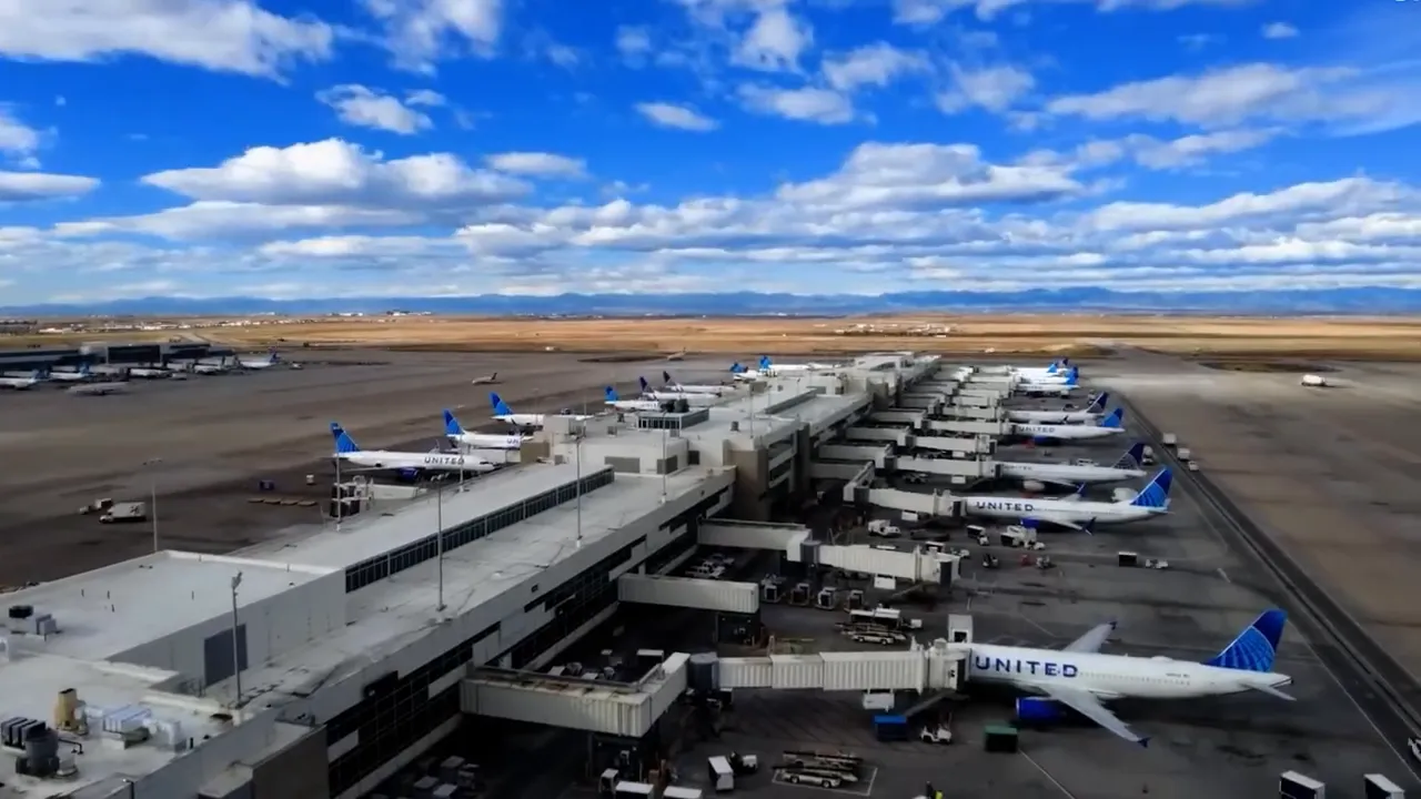 Aerial view of aircraft and terminals at Denver International Airport