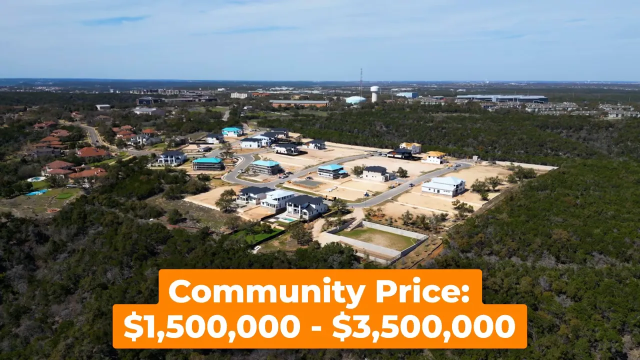 Aerial view of wooded community with orange price graphic showing 1500000 to 3500000