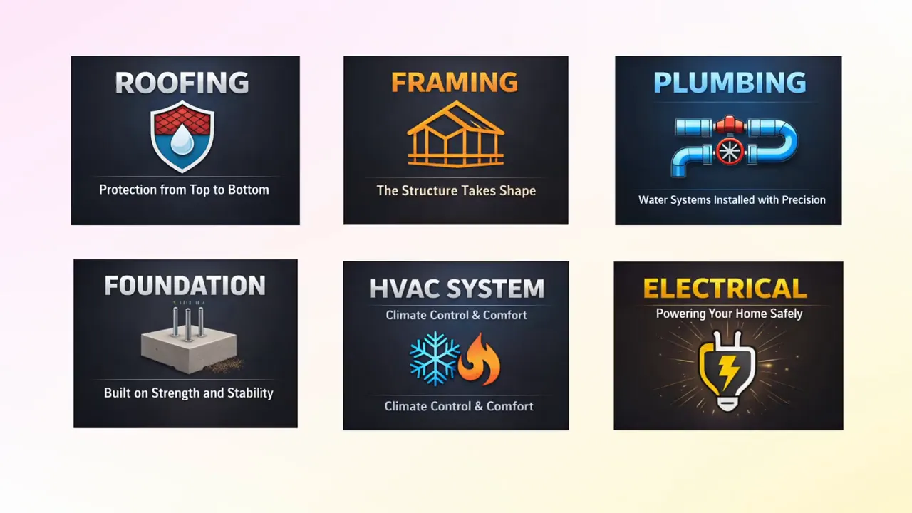 Six graphic tiles listing roofing, framing, plumbing, foundation, HVAC system and electrical