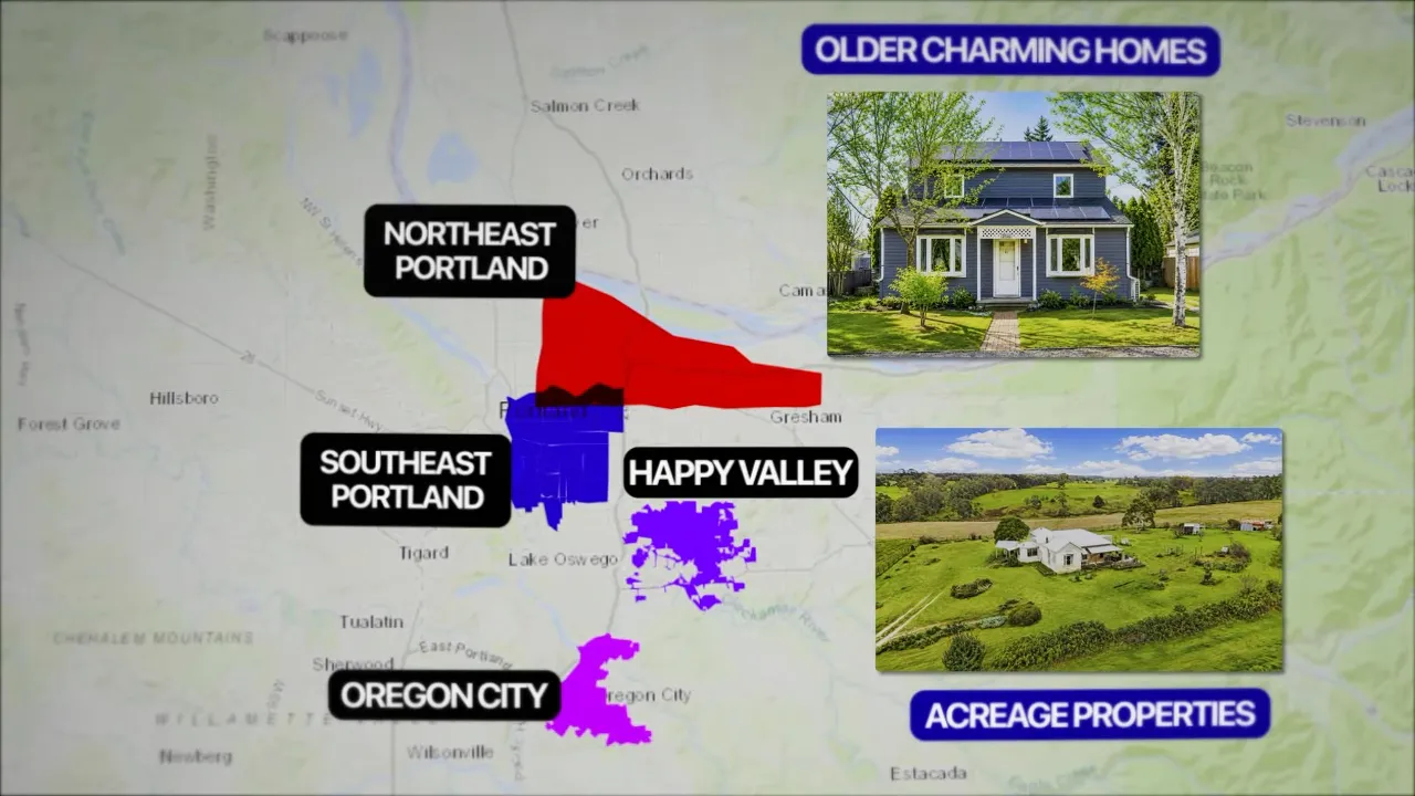 Map showing Northeast Southeast Happy Valley and Oregon City with home and acreage photos
