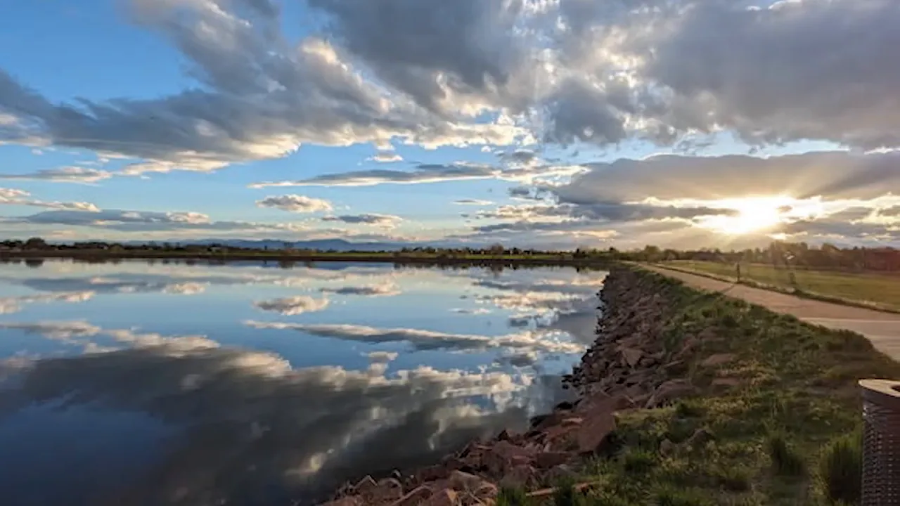 Scenic view along the lake near Frederick, Colorado during sunset