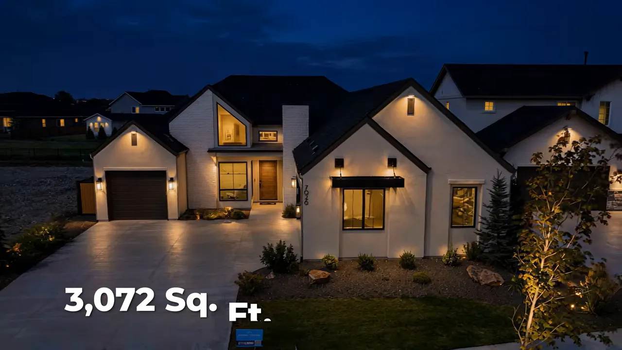 Twilight exterior of the home with text showing 3072 square feet