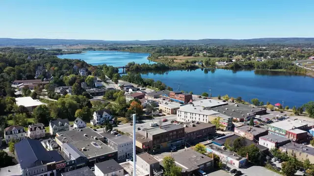 Aerial view of downtown Windsor beside a large lake