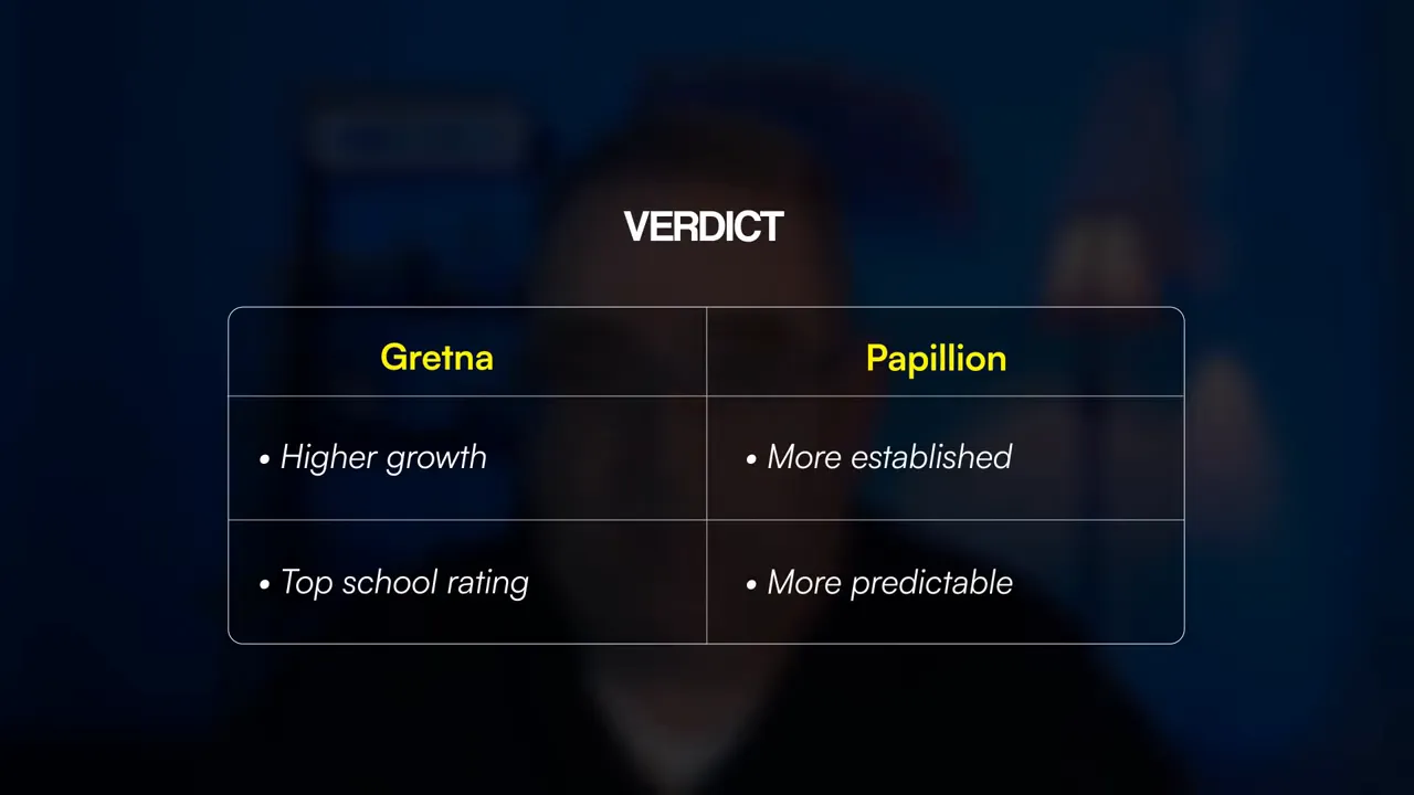 Verdict chart comparing Gretna and Papillion: higher growth and top school rating vs established and predictable