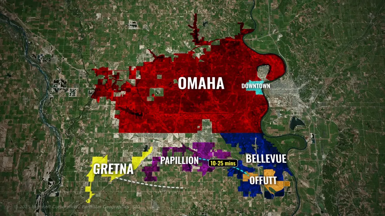 Map showing Papillion, Gretna, and Offutt with labeled commute times