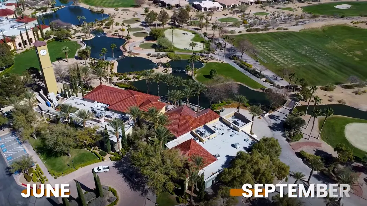 Golf course aerial with June through September and over 100 degree text
