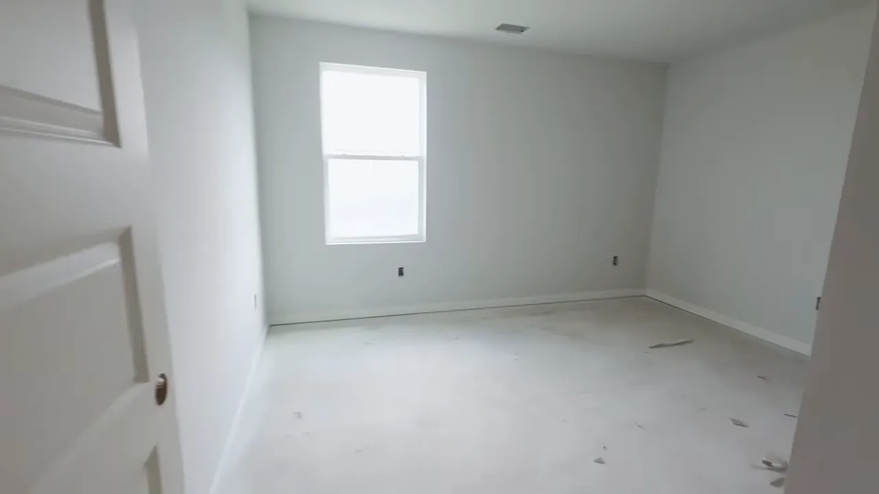 Empty upstairs bedroom with large window, neutral walls, and carpet removed in a new construction 5-bedroom home in Little River, South Carolina