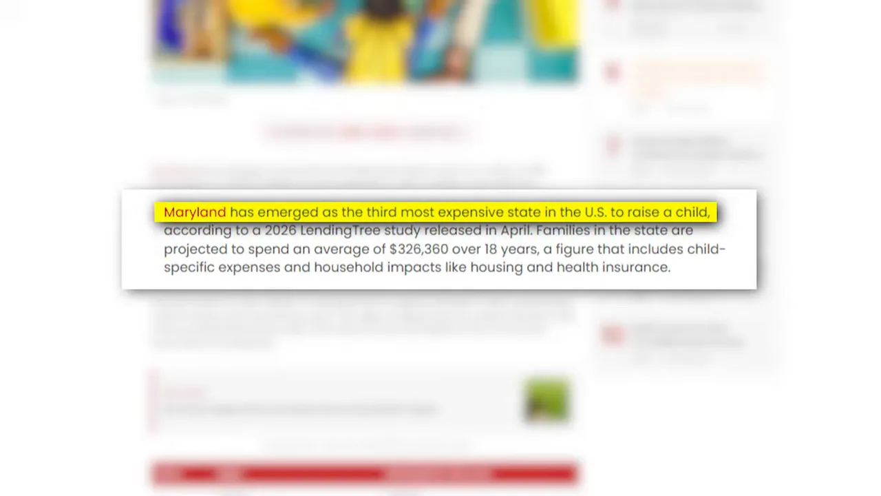 Report webpage with highlighted text about Maryland child raising costs