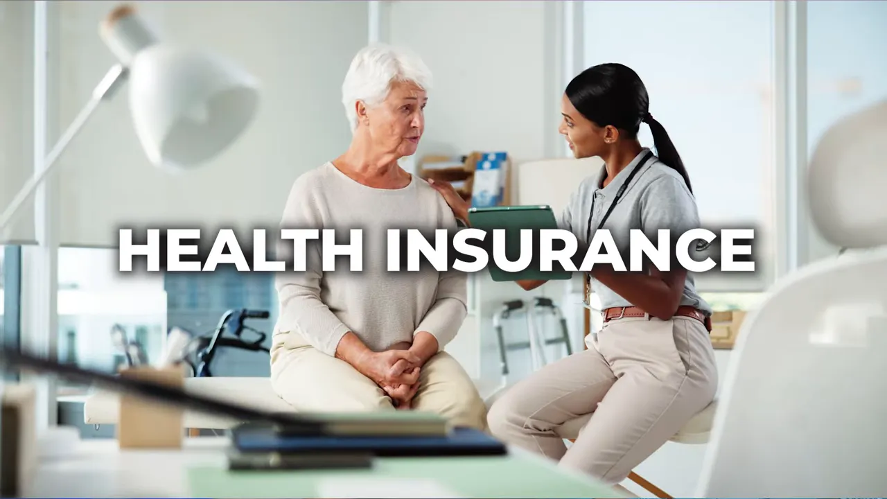 Health professional speaking with older patient and text health insurance