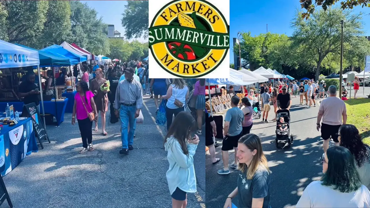 Crowded Summerville farmers market with tents and people walking