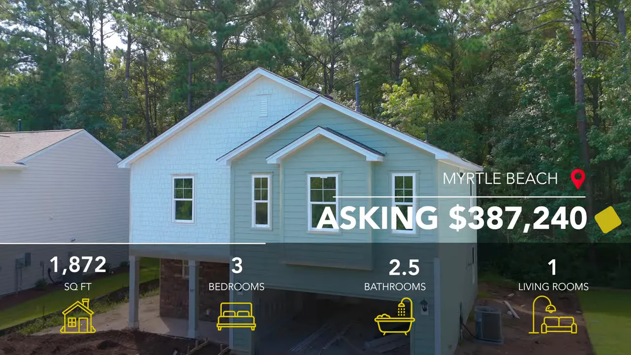 Exterior of home under construction with asking price graphic