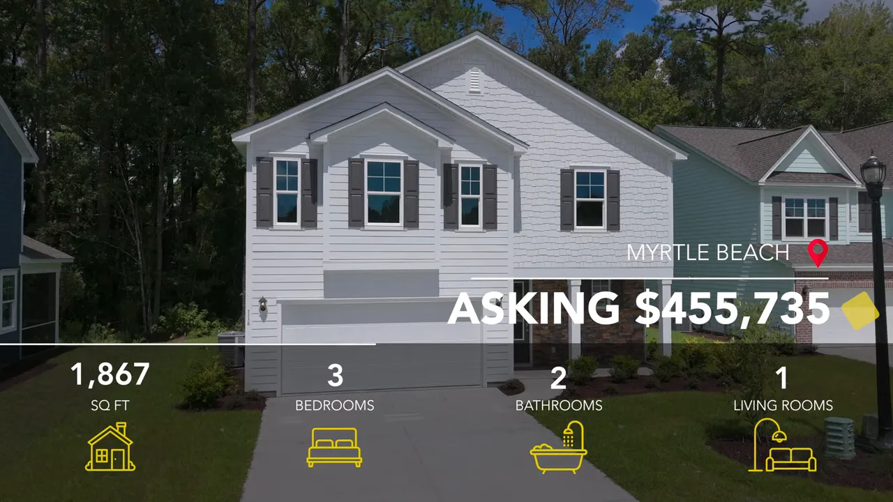White two story home exterior with garage and price graphic