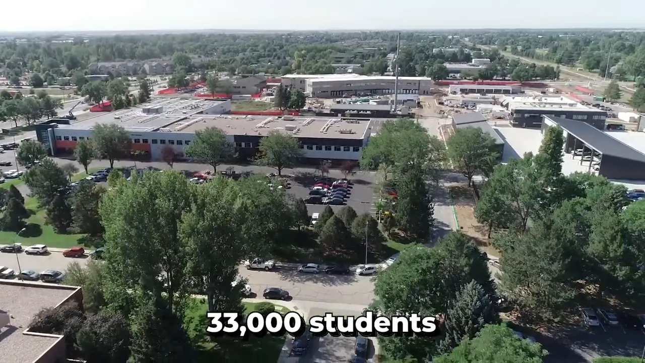 Aerial view near Colorado State University with text showing 33000 students