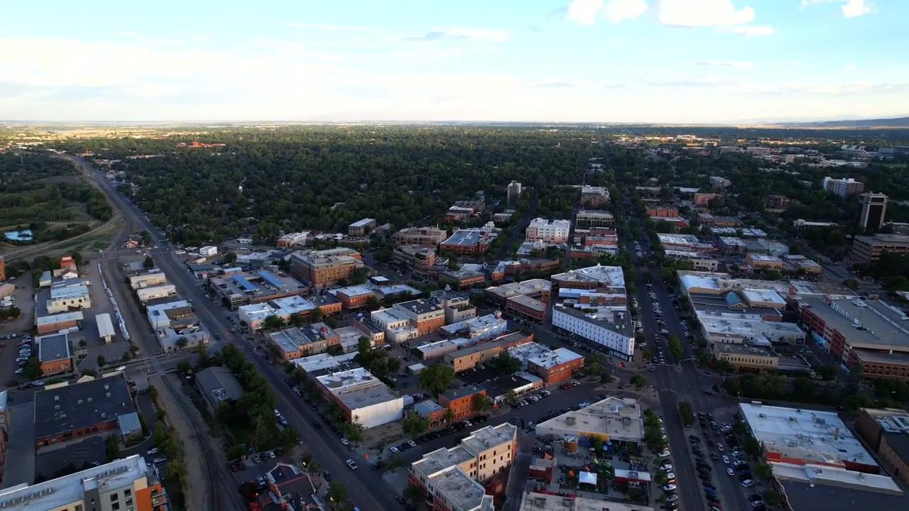 Aerial view of downtown Fort Collins and surrounding neighborhoods